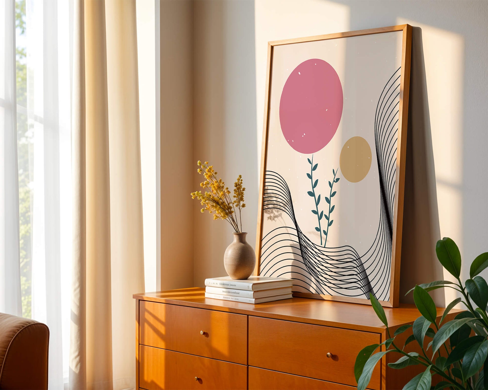 Composition florale abstraite avec des cercles roses et orange sur fond minimaliste