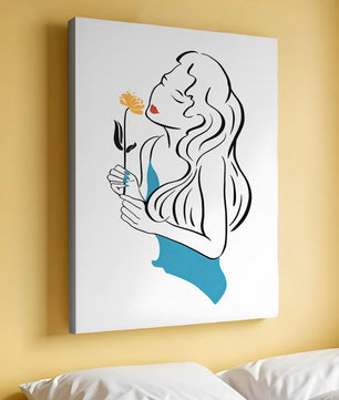 Ilustración estilizada de una mujer con una flor y elementos abstractos