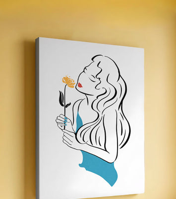 Stylized illustration of a woman with a flower and abstract elements