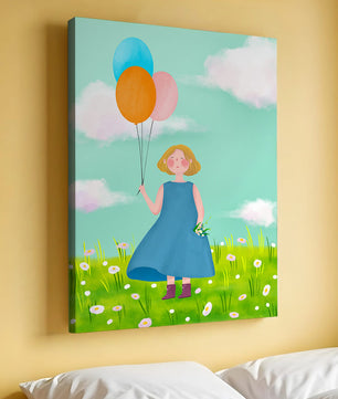 Girl with balloons in a field of daisies under a blue sky