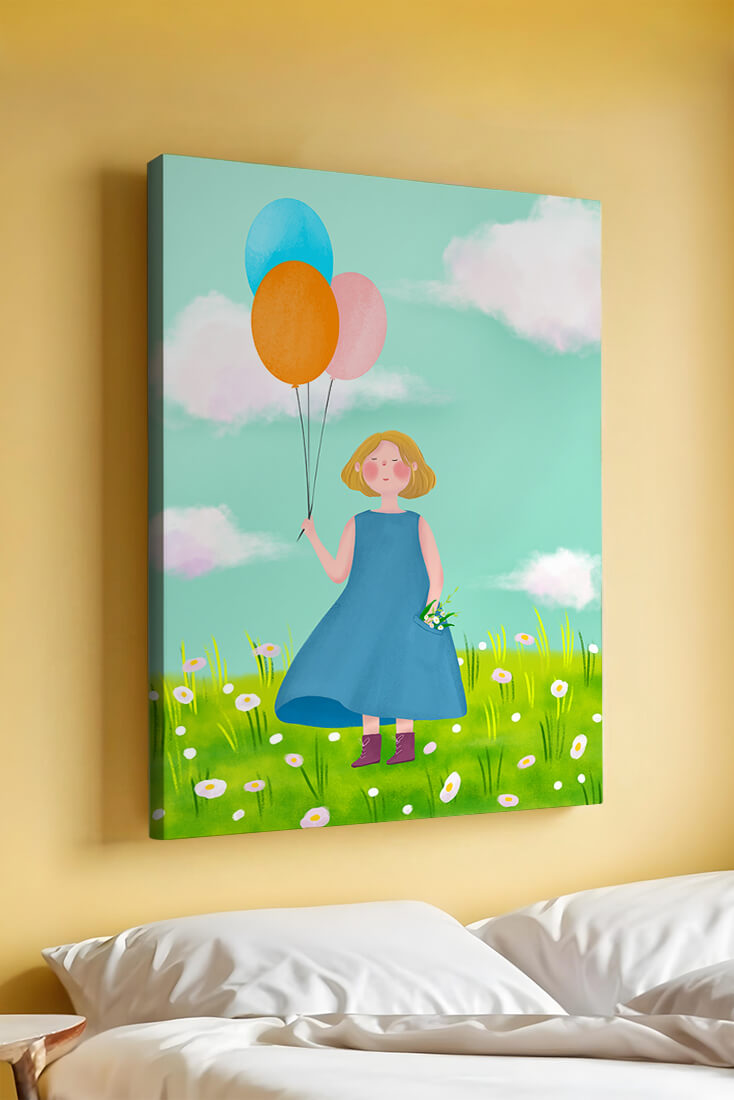 Girl with balloons in a field of daisies under a blue sky