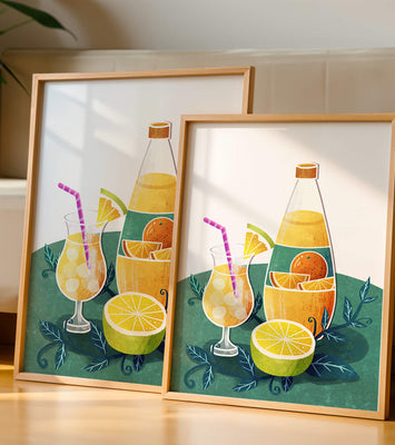 Colorful illustration of citrus drinks with bottle and glass