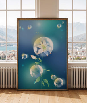 Zarte Blume in transparenten Blasen auf einem verträumten blauen Hintergrund