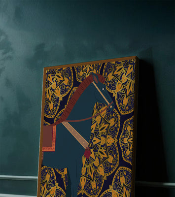 Stylized horse illustration on intricate golden pattern background