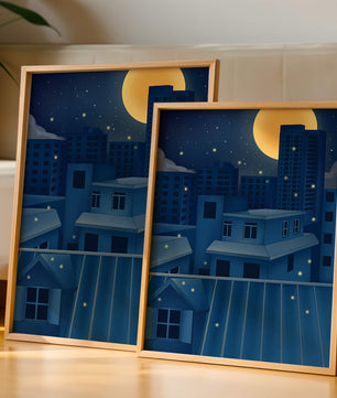 Night Urban Skyline Under a Starry Sky with Bright Full Moon
