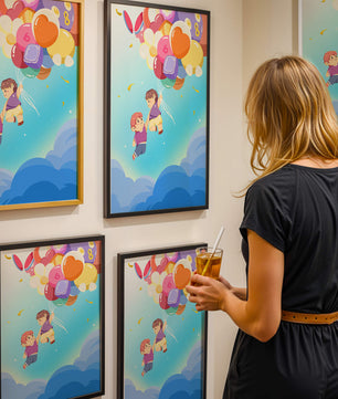 Ilustración caprichosa de niños en el cielo con globos de colores