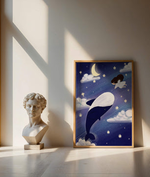 Whimsical night scene with flying angel and whale
