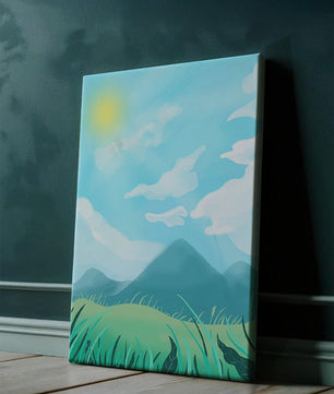 Sunny Day Overlooking a Mountain Landscape with Rolling Hills and Blue Sky
