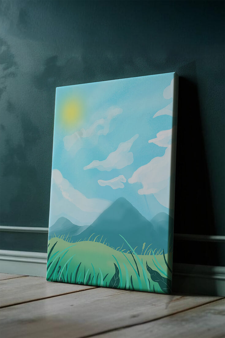 Sunny Day Overlooking a Mountain Landscape with Rolling Hills and Blue Sky