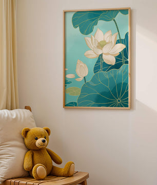 Lotus Flowers with Golden Accents on Aqua Background