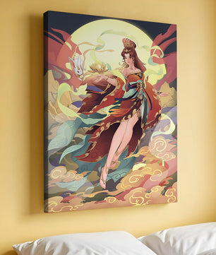 An enchanting depiction of a celestial figure with a mystical rabbit and vibrant attire