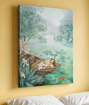 Serene Pond with Wooden Boat and Bridge Under Misty Sky - Mi tienda