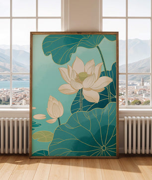 Lotus Flowers with Golden Accents on Aqua Background