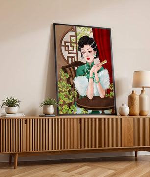 Elegant Woman in Traditional Asian Attire with Floral Background