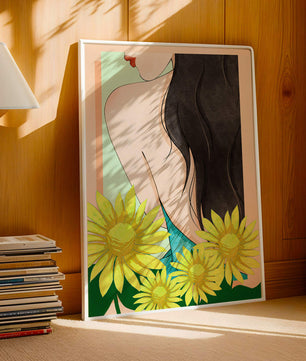 Ilustración de una mujer elegante con girasoles y cabello largo y oscuro