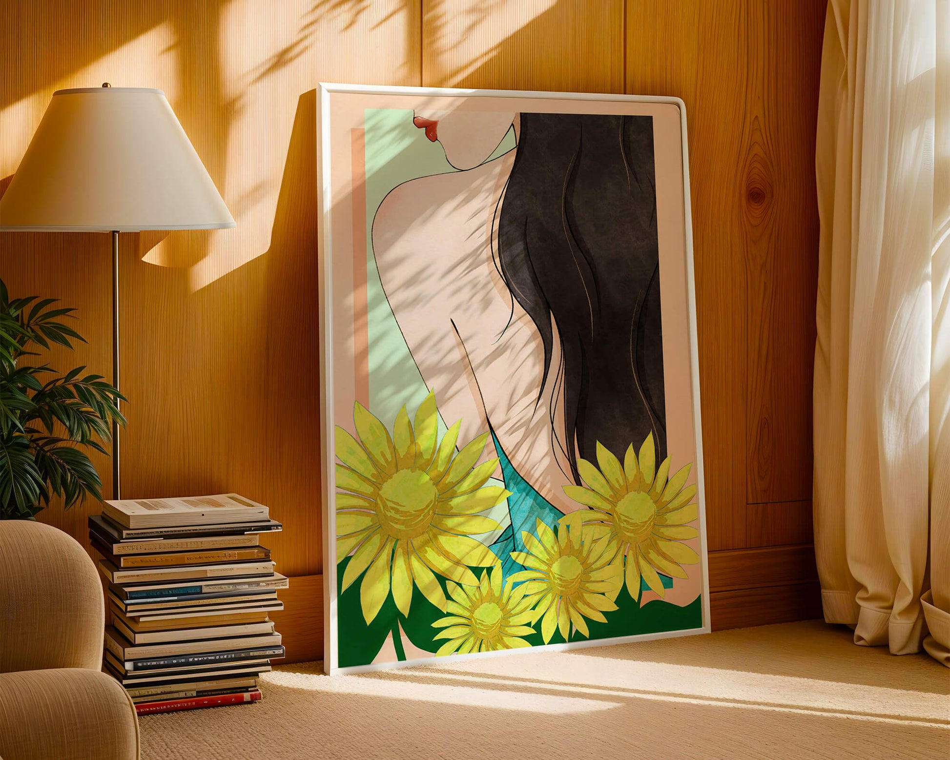 Ilustración de una mujer elegante con girasoles y cabello largo y oscuro