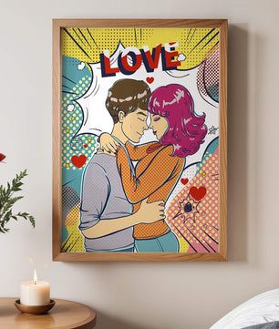 Ilustración de pop art romántico con pareja abrazándose y texto de amor