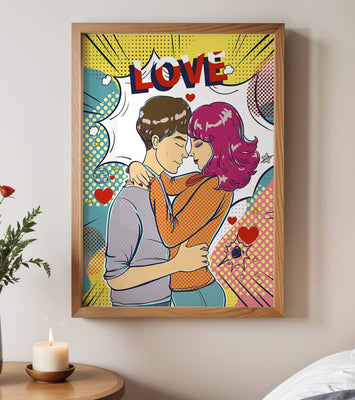 Romantic Pop Art Illustration with Embracing Couple and Love Text