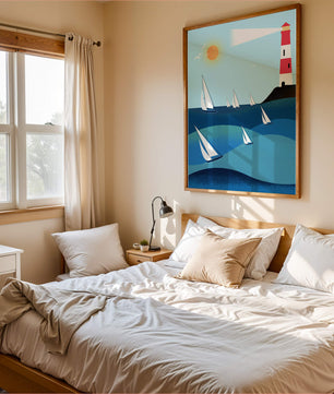 Coastal scene with sailboats and lighthouse on a bright sunny day