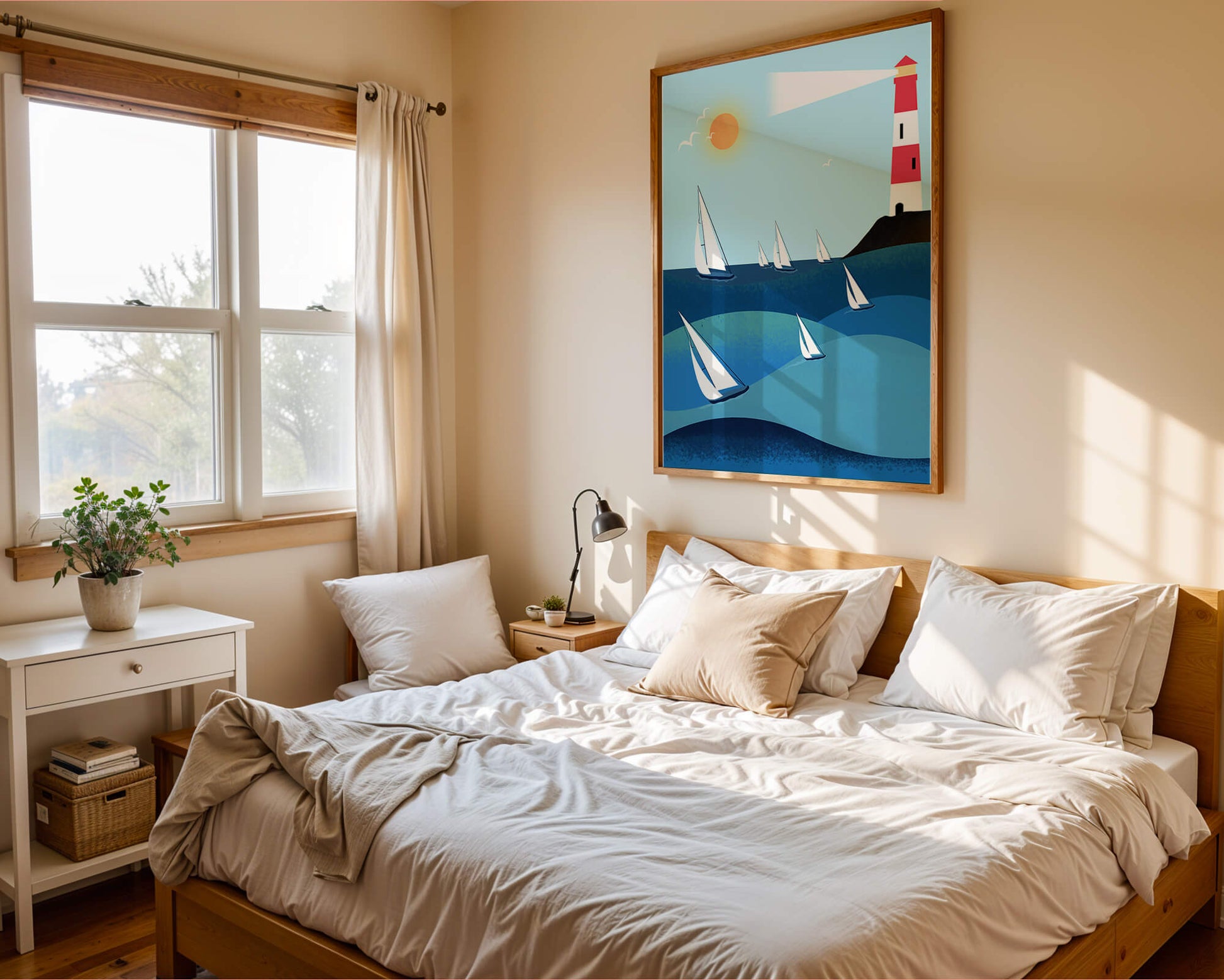 Coastal scene with sailboats and lighthouse on a bright sunny day