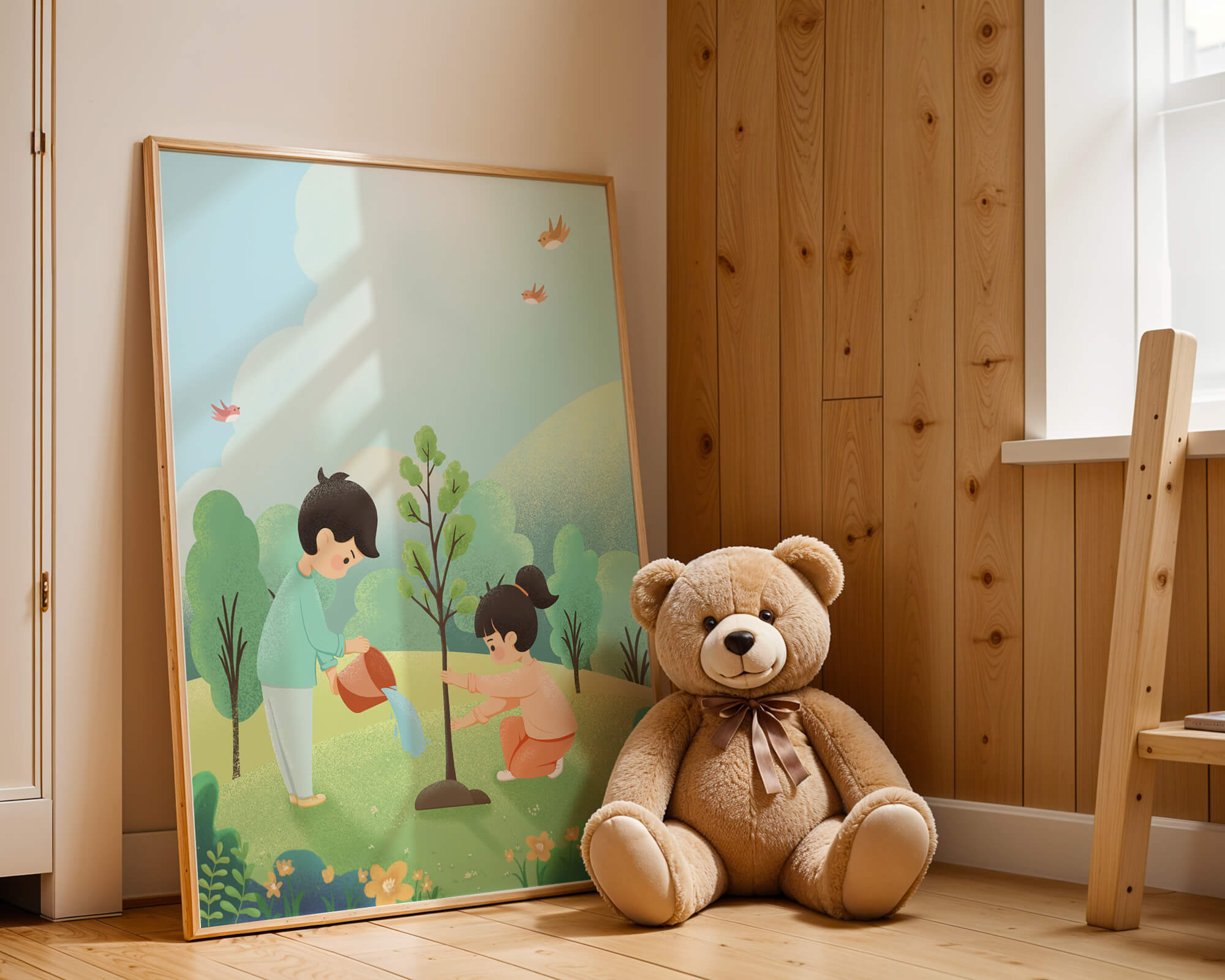 Children nurturing a young tree in a lush green landscape