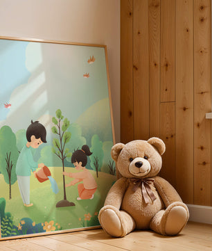 Kinder pflegen einen jungen Baum in einer üppig grünen Landschaft