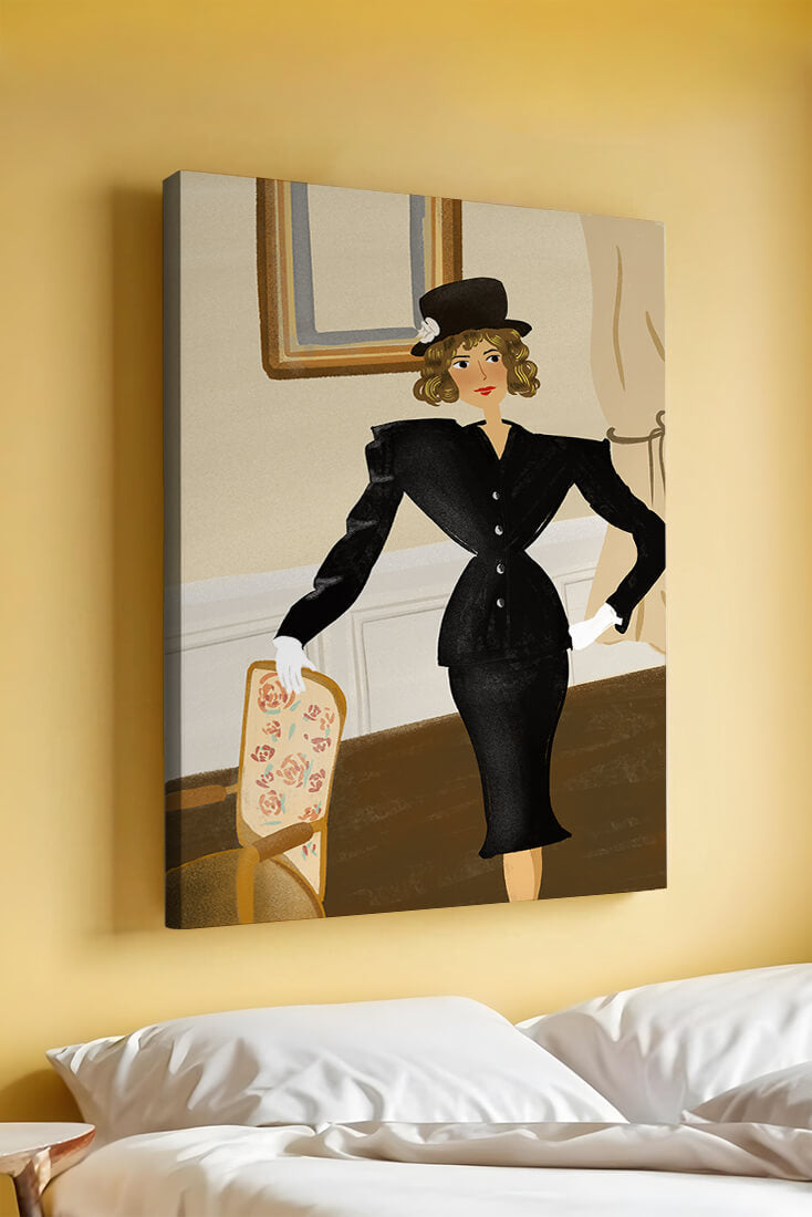 Mujer elegante en moda vintage con traje negro y sombrero