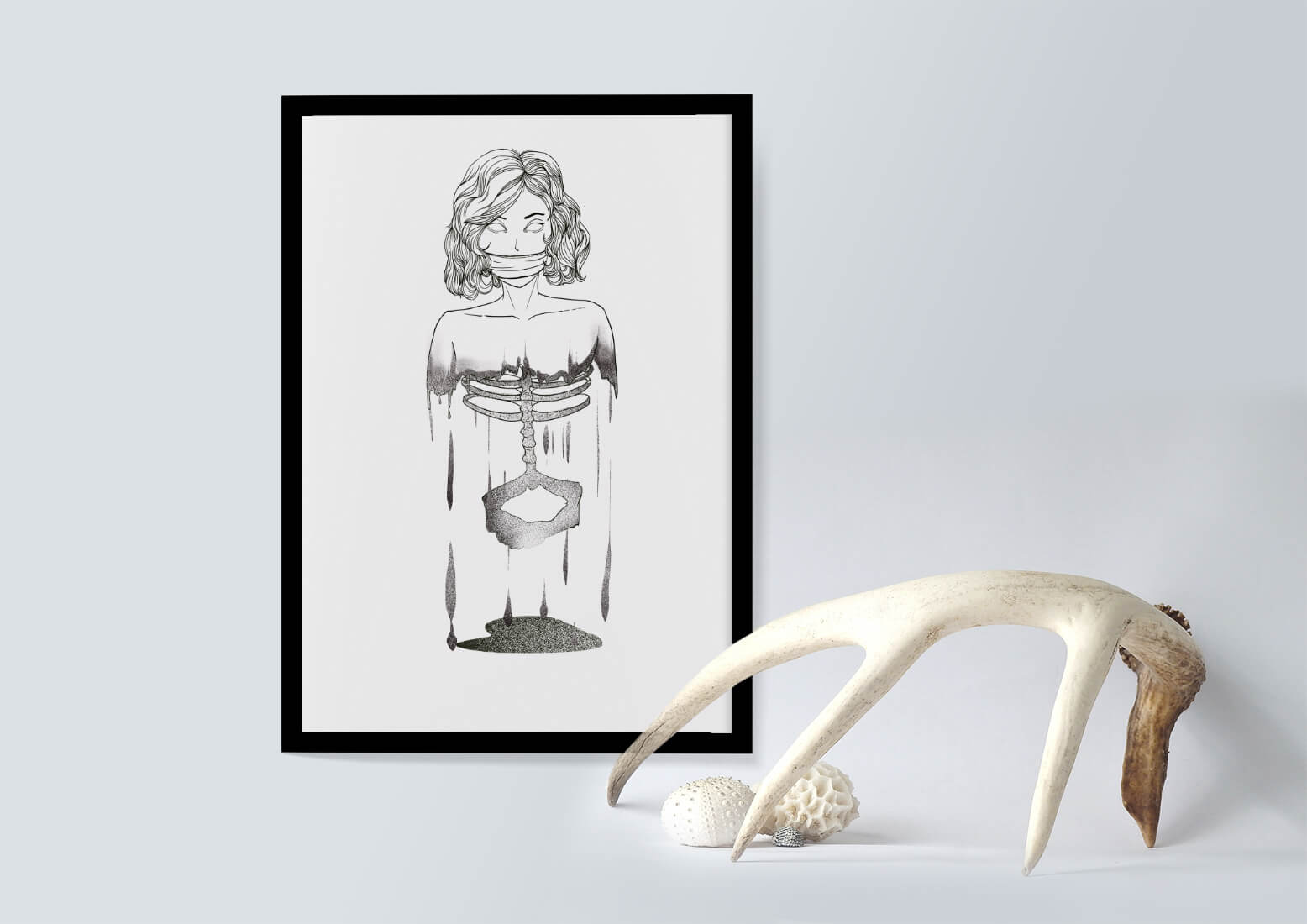 Surreal illustration of a woman with abstract ribcage and melting effect