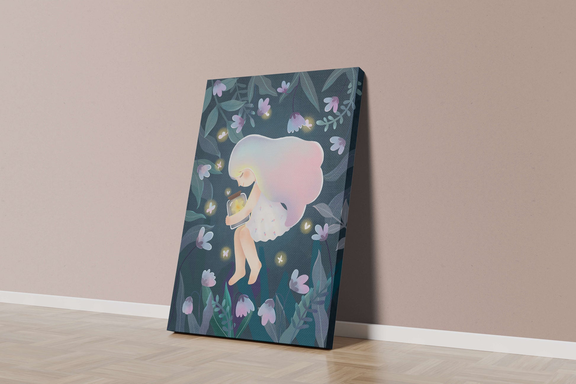 Illustration of a girl with glowing jar in moonlit garden
