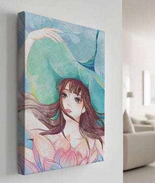 Serene water-inspired portrait of a woman with flowers