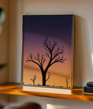 Silhouette Of Tree Against Stunning Sunset Sky With Stars