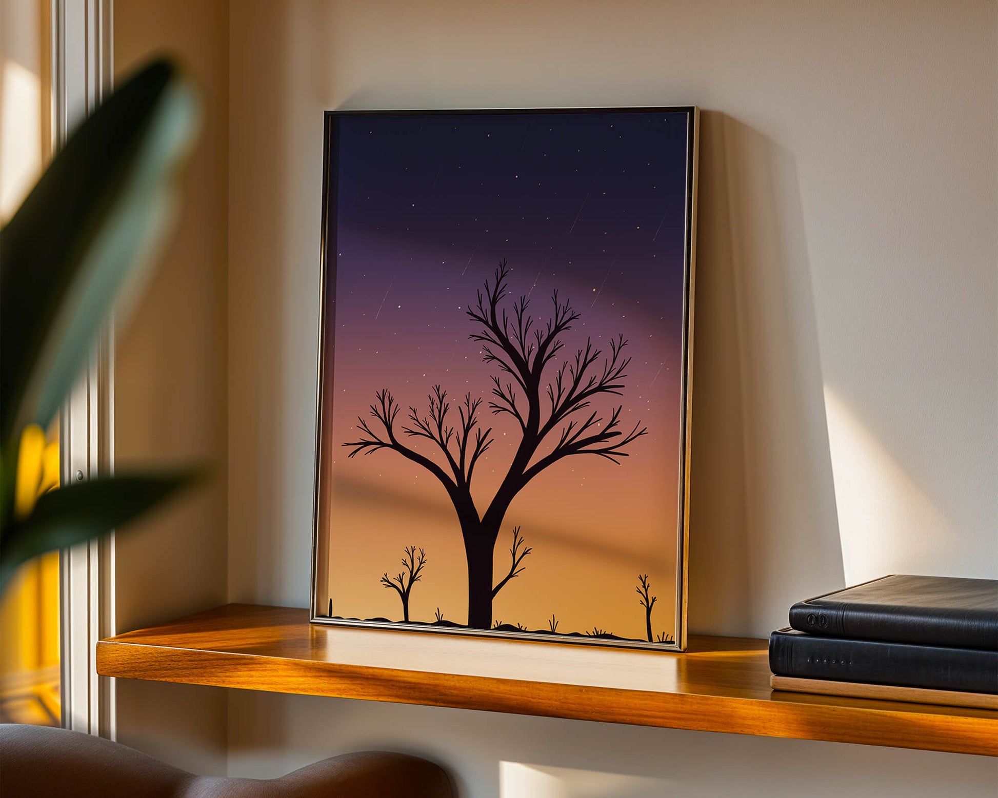 Silhouette Of Tree Against Stunning Sunset Sky With Stars