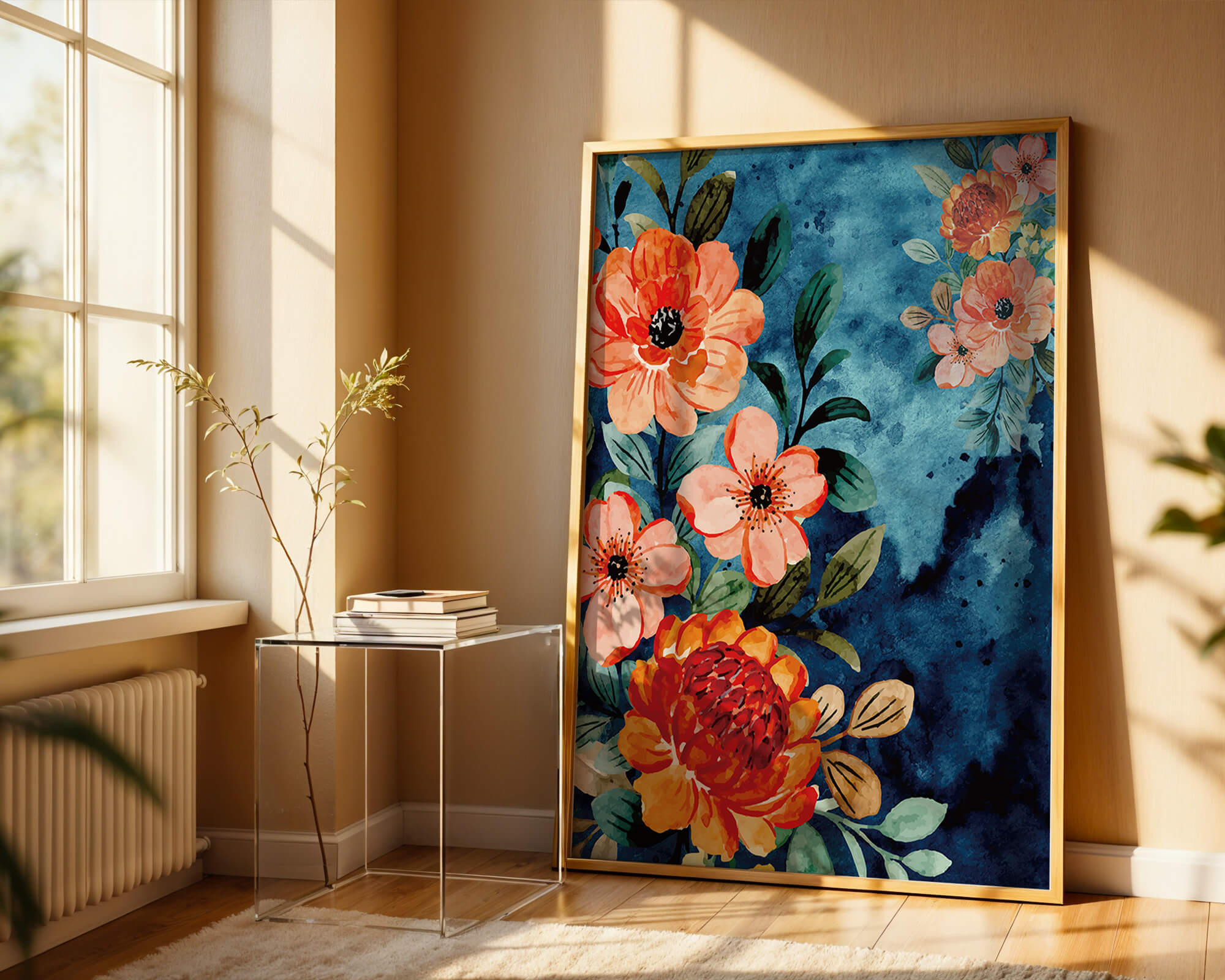 Vibrant floral watercolor design with orange blossoms and blue background