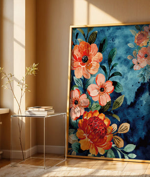 Vibrant floral watercolor design with orange blossoms and blue background