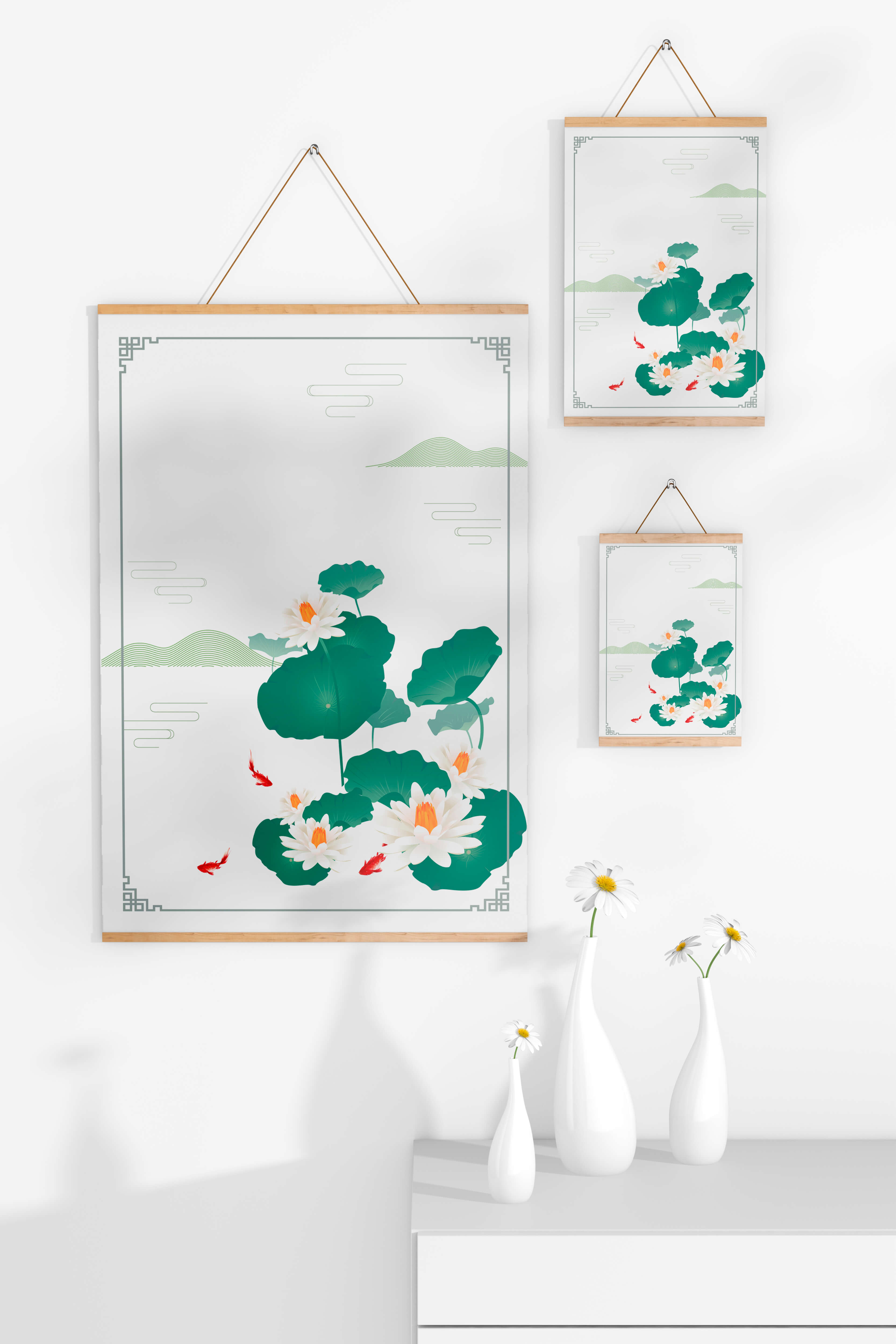 Elegant lotus and koi fish illustration with oriental design elements