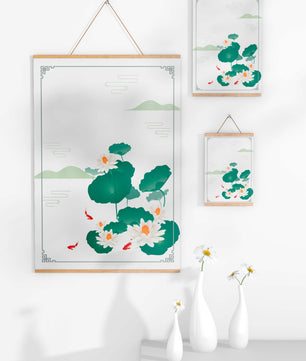 Elegante Lotus- und Koi-Fisch-Illustration mit orientalischen Designelementen