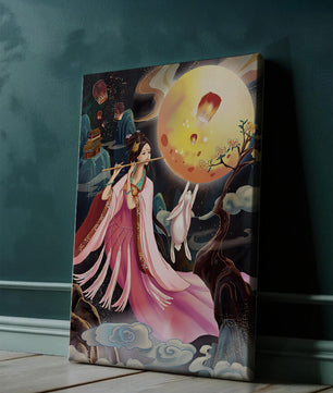 Traditional Asian Art with Flute Player and Moon Rabbit
