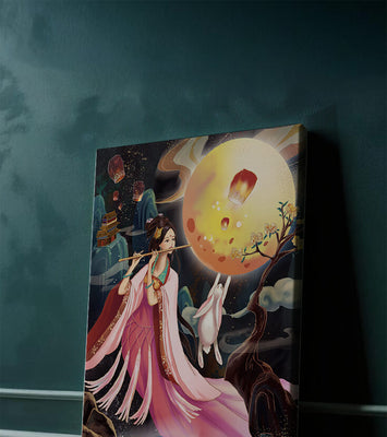 Traditional Asian Art with Flute Player and Moon Rabbit
