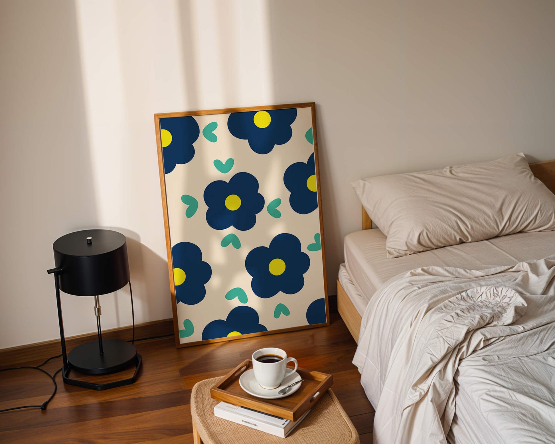 Blue floral pattern with yellow centers on cream background