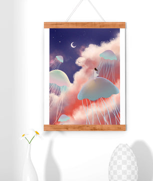 Dreamy Scene with Floating Jellyfish and Moonlit Sky