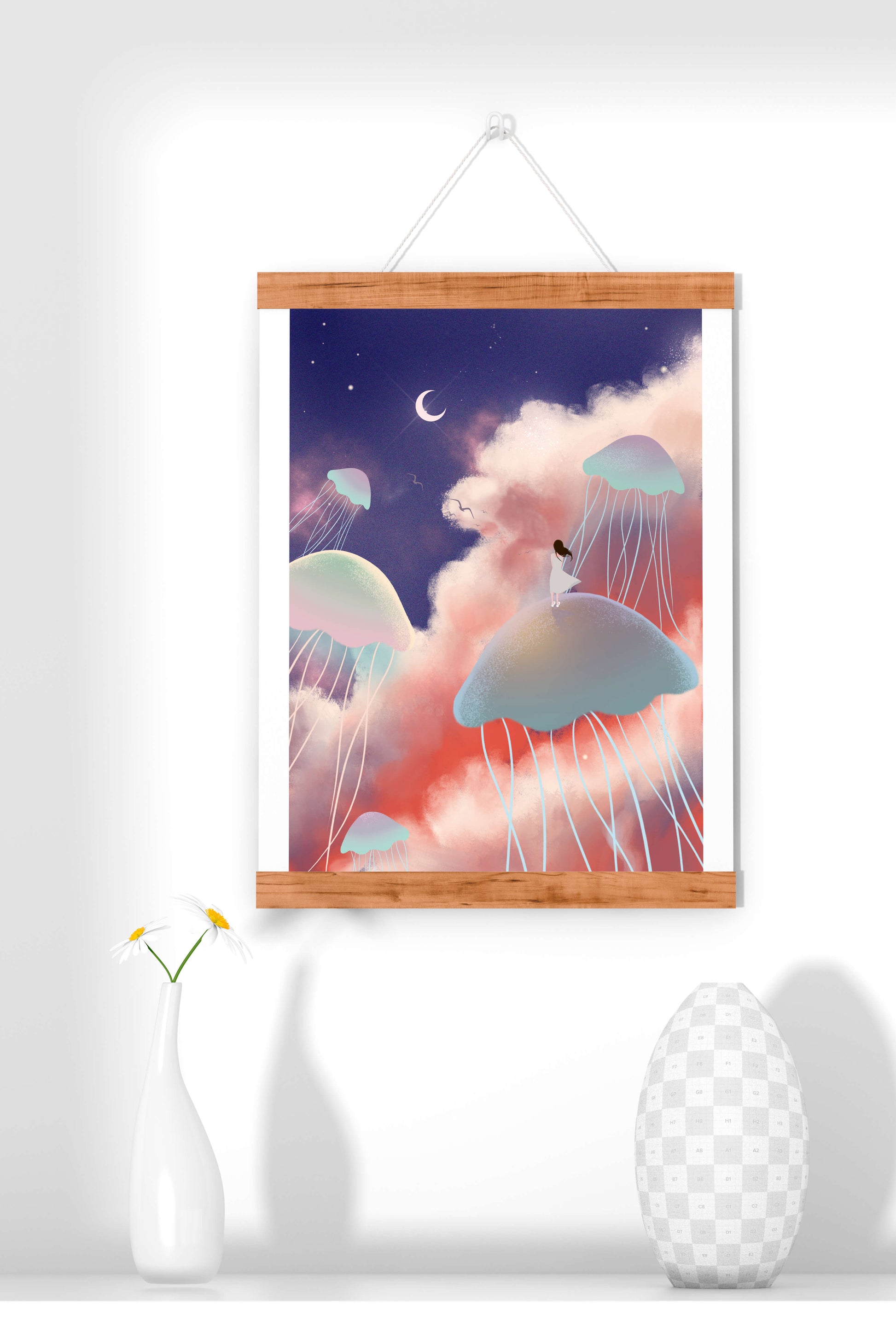 Dreamy Scene with Floating Jellyfish and Moonlit Sky