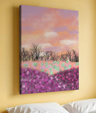 Paisaje sereno con campo floral vibrante y cielo pastel