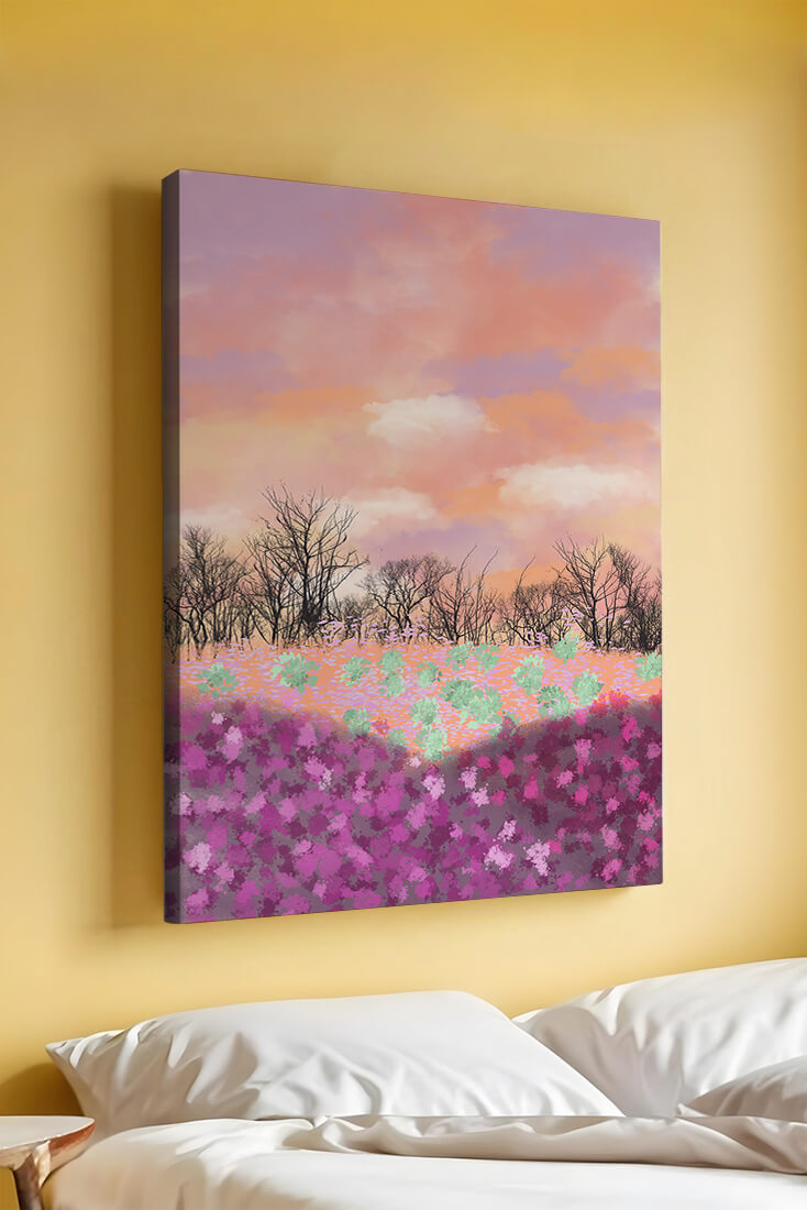 Paisaje sereno con campo floral vibrante y cielo pastel