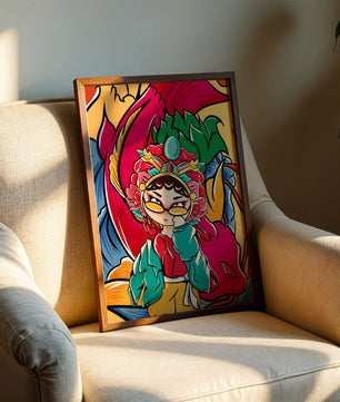 Vibrant illustration featuring a character in traditional costume with dragon elements