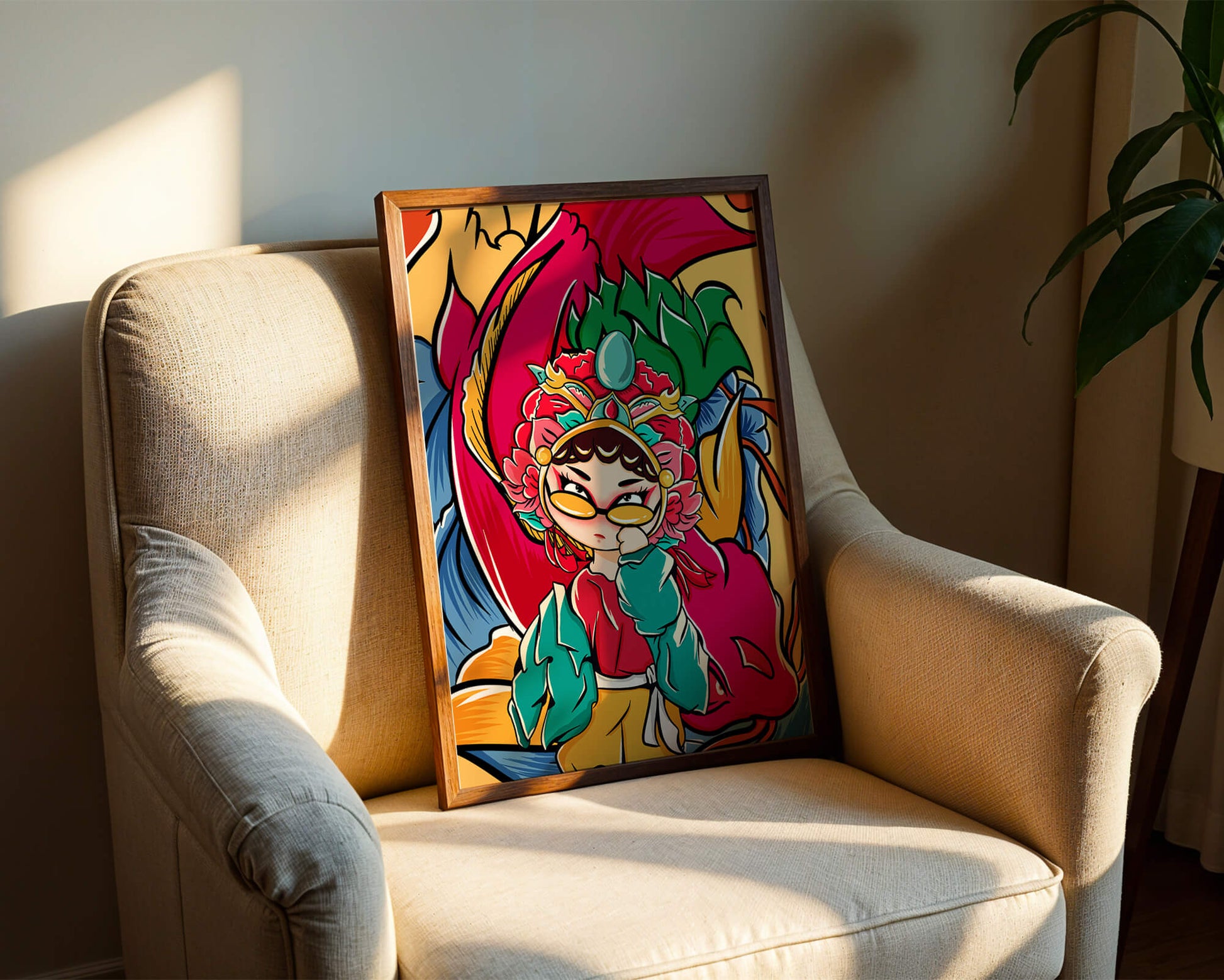 Vibrant illustration featuring a character in traditional costume with dragon elements