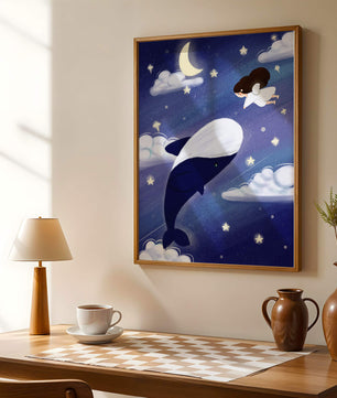 Whimsical night scene with flying angel and whale