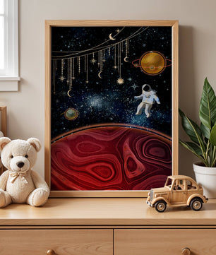 Escena espacial surrealista con astronauta y elementos celestiales