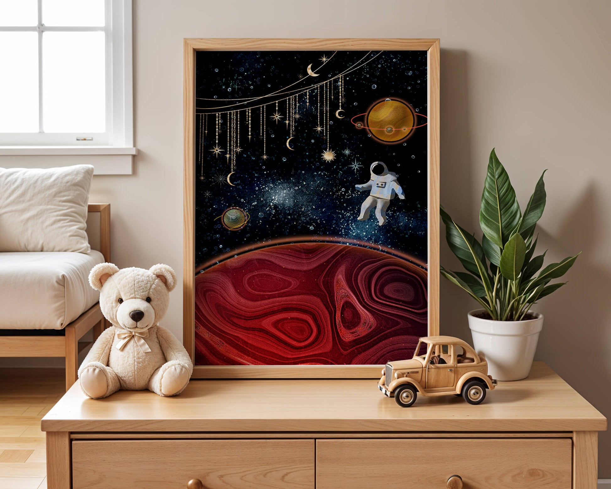 Surreal space scene with astronaut and celestial elements