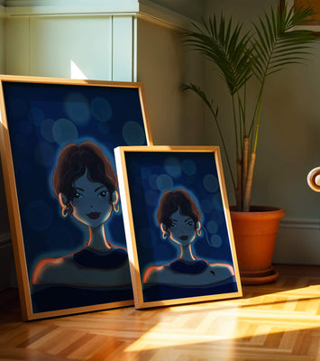 Illustration of a woman with bokeh lights and stylish earrings