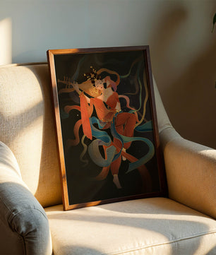 Elegant depiction of a goddess playing a lute with flowing ribbons